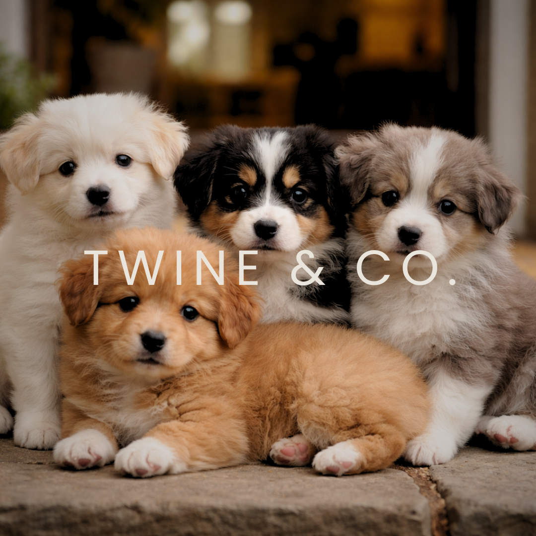 Group of young puppies sitting together at home, representing new puppy ownership and the early days after bringing a puppy home, including puppy care, registration, and first-time dog owner responsibilities in the UK.