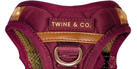 Twine & Co premium step-in dog harness with front D-ring, quilted fabric and gold hardware, designed for calm dog walking and dogs who dislike over-the-head harnesses